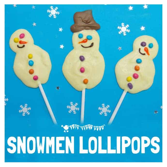 SNOWMAN POPSICLES - Kids will love making delicious white chocolate snowman lollipops. An easy Winter recipe for cooking with kids. #cookingwithkids #kidsinthekitchen #kidsrecipes #desserts #popsicles #lollipops #chocolate #whitechocolate #snowman #snowmanactivity #snowmancraft #winteractivitiesforkids #winterrecipes #homemadechocolates #chocolates