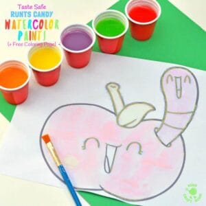 Have you tried making your own paints before? This Runts Watercolor Paint Recipe is really easy and fun to make. It's fruity, colorful, taste safe and there's a printable apple coloring sheet too. What a fun way to enjoy some fruit themed sensory art! #apples #painting #kidspainting #kidsart #ediblepaint #kidscrafts #kidsactivities #kidscraftroom #backtoschool #applecrafts #sensory #sensoryplay #tastesafe
