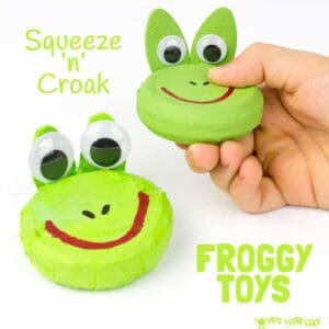 CROAKING FROG CRAFT - Recycle jar lids to make a squeeze 'n' croak frog toy. These little homemade frogs really croak! A fun kids craft to go with nursery rhymes and story telling. RIBBIT!