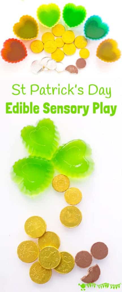 Kids will adore this EDIBLE SENSORY PLAY ST PATRICK'S DAY ACTIVITY. Explore giant wibbly-wobbly squishy shamrock leaves and tasty treasure from the end of the rainbow!