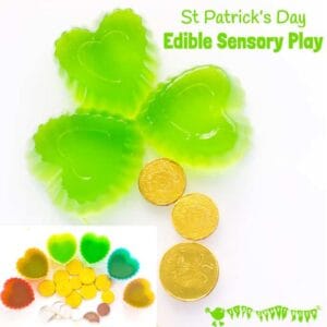 Kids will adore this EDIBLE SENSORY PLAY ST PATRICK'S DAY ACTIVITY. Explore giant wibbly-wobbly squishy shamrock leaves and tasty treasure from the end of the rainbow!