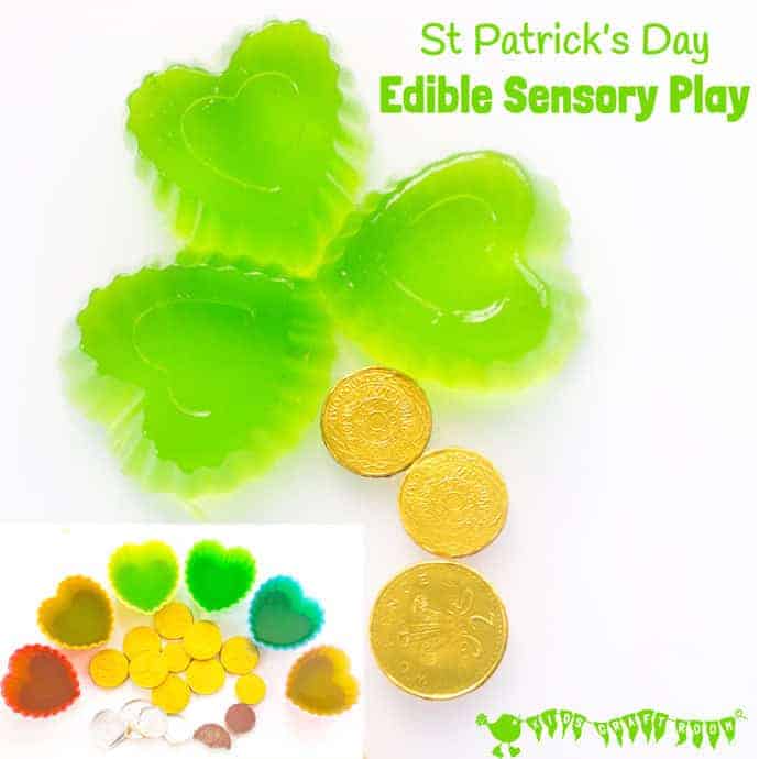 Kids will adore this EDIBLE SENSORY PLAY ST PATRICK'S DAY ACTIVITY. Explore giant wibbly-wobbly squishy shamrock leaves and tasty treasure from the end of the rainbow!