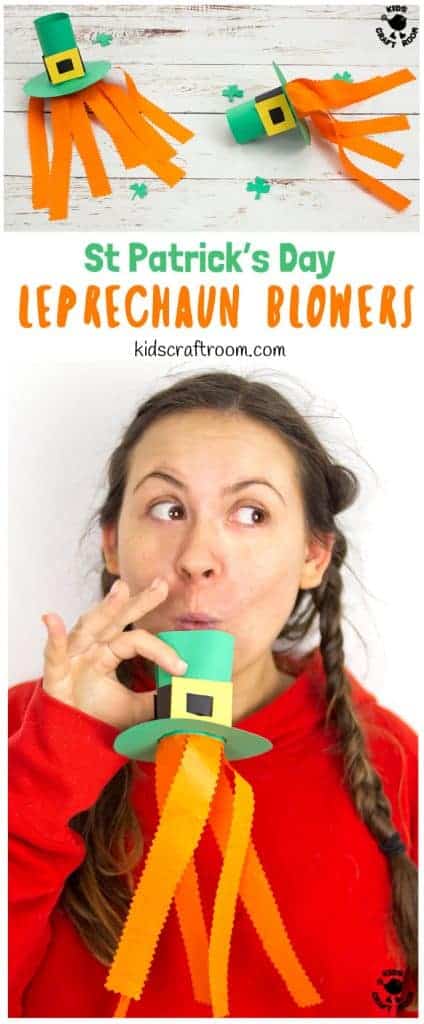 Try these Leprechaun Hat Blowers - A Fun St Patrick's Day Craft for kids! Blow into the leprechaun hat craft to make the orange beard streamers flutter and blow around!  #kidscraftroom #stpatricksdaycrafts #papercrafts #papercraftsforkids #leprechaun #kidscrafts #stpatricksdayactivities