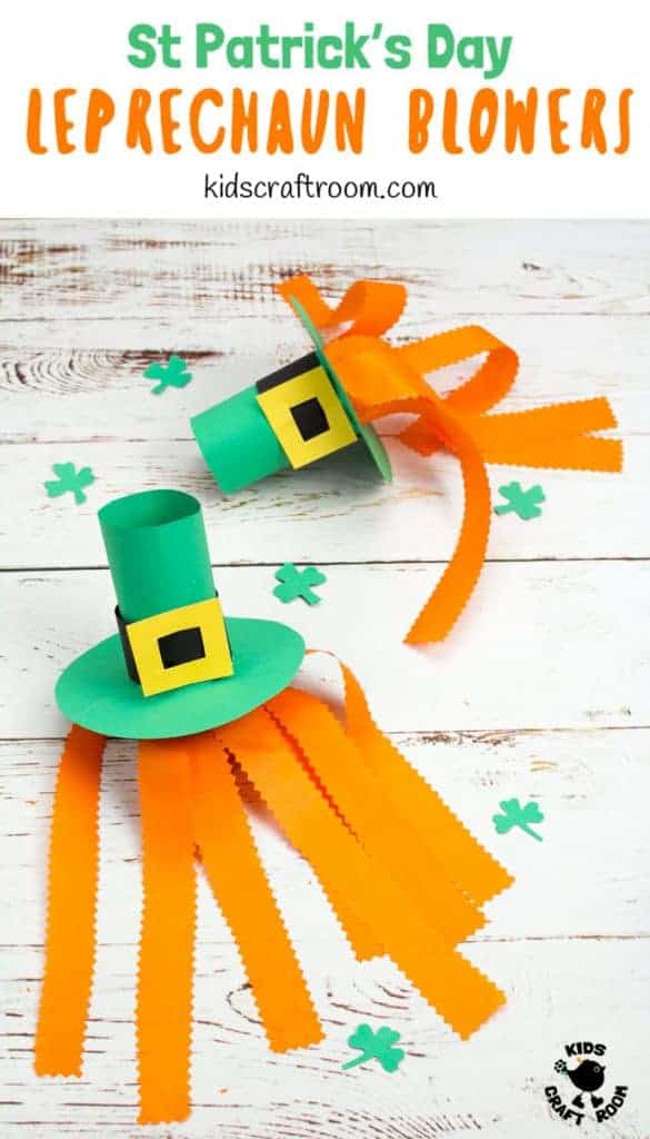 Try these Leprechaun Hat Blowers - A Fun St Patrick's Day Craft for kids! Blow into the leprechaun hat craft to make the orange beard streamers flutter and blow around!  #kidscraftroom #stpatricksdaycrafts #papercrafts #papercraftsforkids #leprechaun #kidscrafts #stpatricksdayactivities