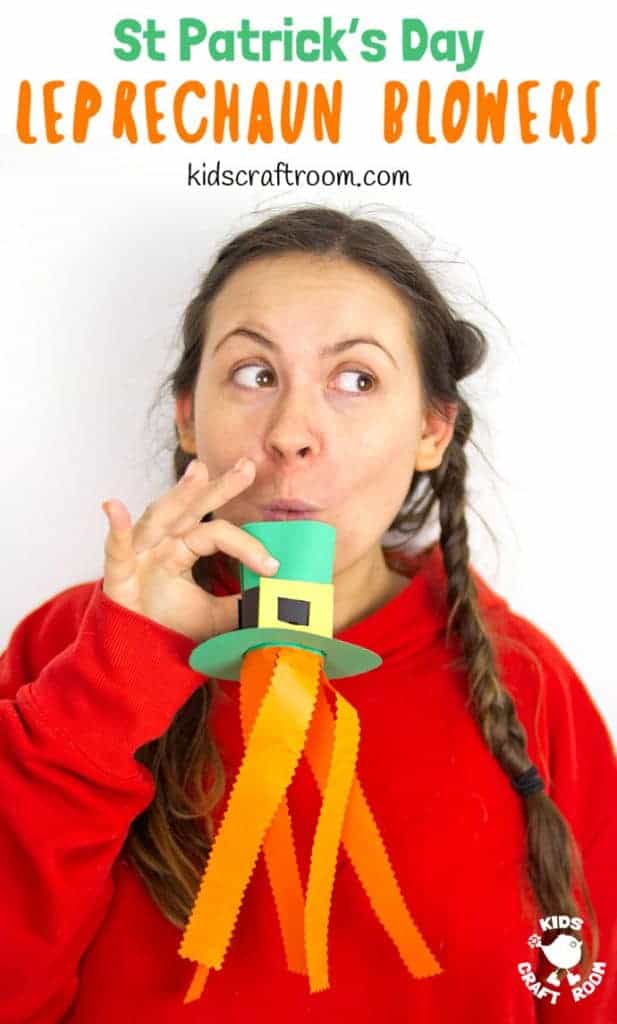 Try these Leprechaun Hat Blowers - A Fun St Patrick's Day Craft for kids! Blow into the leprechaun hat craft to make the orange beard streamers flutter and blow around!  #kidscraftroom #stpatricksdaycrafts #papercrafts #papercraftsforkids #leprechaun #kidscrafts #stpatricksdayactivities