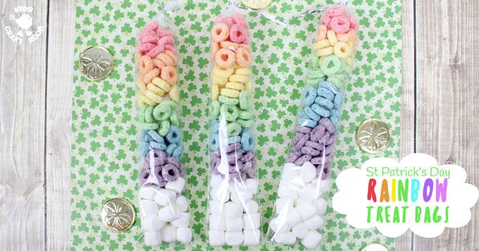 ST PATRICK'S DAY RAINBOW TREAT BAGS - need a quick and easy rainbow activity for the kids? These St Patrick's Day Rainbow Treat Bags are simple and fun to make and a lovely thrifty gift idea to share with friends too. Great if you need St Patrick's Day treats for a whole class and don't want to break the bank! #StPatricksDay #StPaddys #Rainbow #StPatricksDayCrafts #kidscrafts #rainbowcrafts #cookingwithkids #treats
