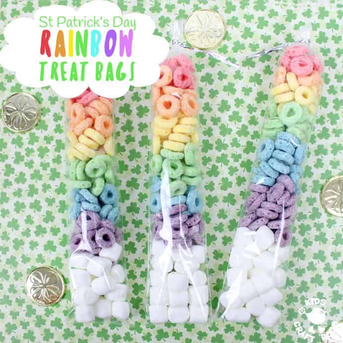 ST PATRICK'S DAY RAINBOW TREAT BAGS - need a quick and easy rainbow activity for the kids? These St Patrick's Day Rainbow Treat Bags are simple and fun to make and a lovely thrifty gift idea to share with friends too. Great if you need St Patrick's Day treats for a whole class and don't want to break the bank! #StPatricksDay #StPaddys #Rainbow #StPatricksDayCrafts #kidscrafts #rainbowcrafts #cookingwithkids #treats