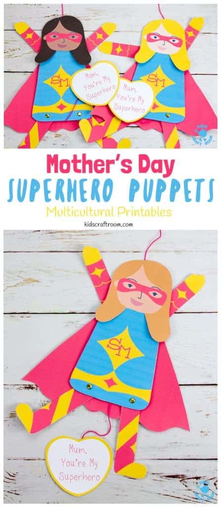 This printable Mother's Day Superhero Puppet craft is a great way to tell Mom or Mum she's super special! Pull the string at the bottom to make Supermom's arms and legs move. Such a fun Mother's Day craft and gift idea. (10 multicultural options to choose from.) #kidscraftroom #mothersday #mothersdaycrafts #superhero #mothersdaygifts #kidscrafts #printables #puppets