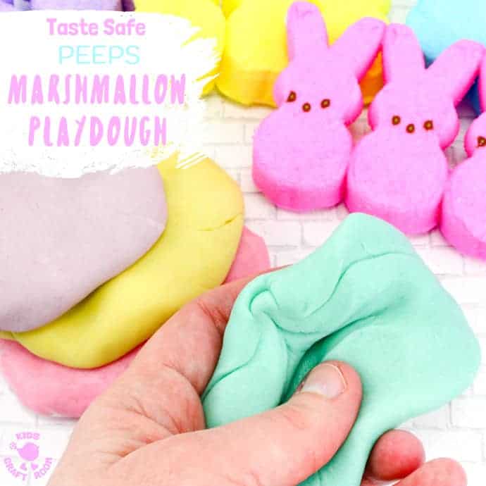 Kids will have hours of fun with this Taste Safe Peeps Marshmallow Play Dough. It's fluffy and soft, smells good and the colours are gorgeous pastels. A truly multi sensory play experience for kids of all ages. #sensoryplay #ECE #Easter #sensory #playdough #playdoughrecipe #edibleplaydough #playdoh #playdohrecipe #easteractivities #kidsactivities #peeps #kidscraftroom #sensory #preschool #earlyyears #playideas