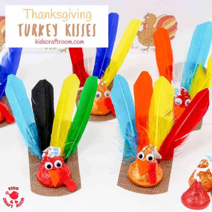 THANKSGIVING TURKEY KISSES CRAFT - This is such a fun edible Fall craft for kids. Who'd have thought you could turn chocolate into the cutest turkey craft ever! Use them as Thanksgiving favors or placeholders or just as Thanksgiving treats for friends and family Yum! #Thanksgiving #turkey #turkeycrafts #thanksgivingcrafts #kidscrafts #HersheyKisses #Fall #Fallcraft #ediblecraft #foodcraft #kidscraftroom