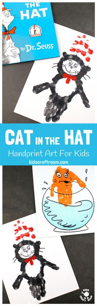 CAT IN THE HAT HANDPRINT CRAFTS - Are you a Cat In The Hat fan? These Dr Seuss handprint crafts are super fun! Print them on a canvas for the wall or add a popsicle stick to turn them into puppets! Great for World Book Day and Dr Seuss' birthday celebrations. #WorldBookDay #DrSeuss #CatInTheHat #KidsCrafts #handprintcrafts #handprintart #bookcrafts #kidsliterature #KidsArt #craftsforkids #thecatinthehat #kidsbooks #bookart #bookcrafts #kidscraftroom #handprint #painting