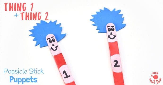 THING 1 and THING 2 POPSICLE STICK PUPPETS are super simple to make and great fun for all Dr Seuss "The Cat In The Hat" fans, big and small! Use them to bring the story to life as you read with your kids or to inspire their imaginative play. These popsicle stick puppets are super fun! #DrSeuss #CatintheHat #kidscrafts #Thing1andThing2 #puppets #popsiclesticks #popsiclestickpuppets #craftsticks #craftstickpuppets #bookcrafts #thecatinthehat #worldbookday #reading #craftsforkids #kidscraftroom