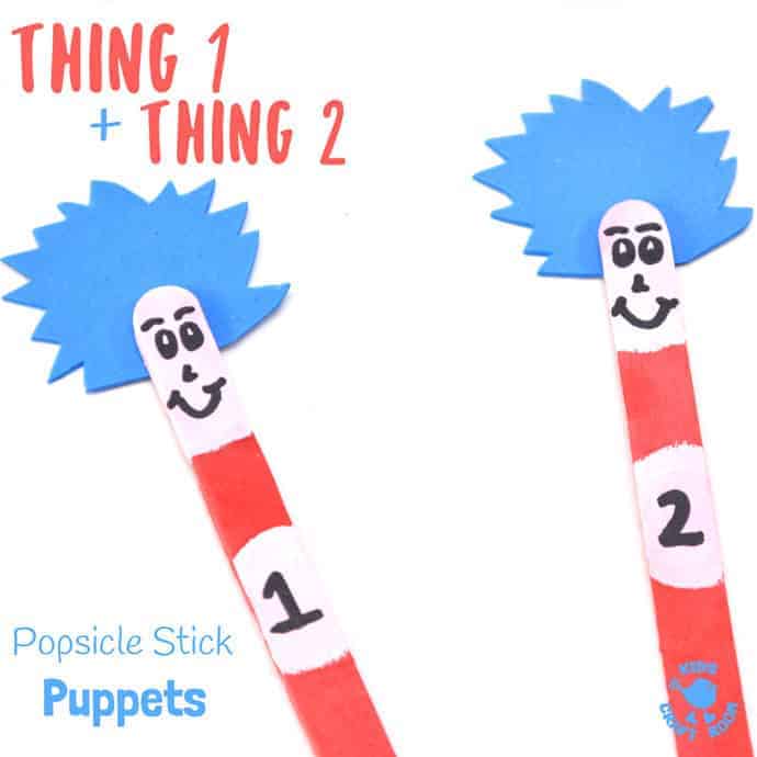 THING 1 and THING 2 POPSICLE STICK PUPPETS are super simple to make and great fun for all Dr Seuss "The Cat In The Hat" fans, big and small! Use them to bring the story to life as you read with your kids or to inspire their imaginative play. These popsicle stick puppets are super fun! #DrSeuss #CatintheHat #kidscrafts #Thing1andThing2 #puppets #popsiclesticks #popsiclestickpuppets #craftsticks #craftstickpuppets #bookcrafts #thecatinthehat #worldbookday #reading #craftsforkids #kidscraftroom