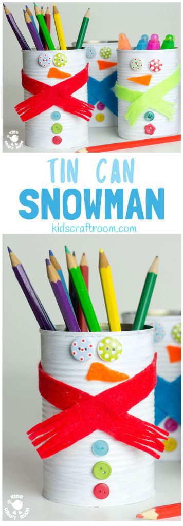 TIN CAN SNOWMAN CRAFT - Kids will love turning old tin cans into Snowman Desk Tidies and a Snowman Bowling Game with this cute and easy Tin Can Snowman Craft. A fun Winter craft for kids. #snowman #snowmancrafts #wintercrafts #wintercraftideas #wintercraftsforkids #recycledcrafts #tincan #craftideasforkids #kidscraftroom
