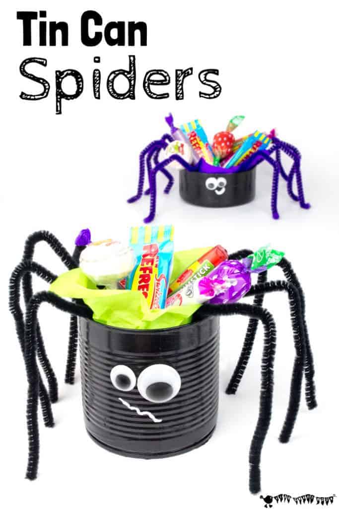 This Tin Can Spider craft is a great way to reuse tin cans. It's a fun and easy last minute Halloween craft and looks fabulous filled with Halloween treats.