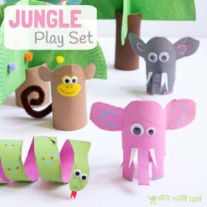 This Jungle Play Set looks amazing and is easy to make from toilet paper roll crafts. Such a great way to spark creativity and imaginative play with cardboard tube crafts! #cardboardtubes #junglecrafts #animalcrafts #tprolls #cardboardtubecrafts #recycledcrafts #kidscrafts #craftsforkids #kidscraftroom #homemadetoys #elephantcrafts #monkeycrafts #snakecrafts