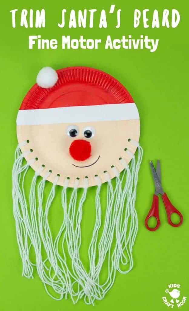 Are you looking for an educational Santa craft idea to enjoy with your toddlers and preschoolers this Christmas? This Trim The Beard Paper Plate Santa Craft is adorably cute and gives kids lots of opportunity to develop their fine motor cutting skills and have fun! #santa #santacrafts #paperplatecrafts #christmas #christmascrafts #christmascraftskids #fatherchristmas #fatherchristmascrafts #kidscrafts #finemotorskills #kidscraftroom