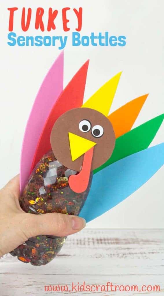 Thanksgiving Turkey Sensory Bottles are a lovely calming sensory play idea. They're lots of fun, simple to make and a great way to unwind this holiday. #sensoryplay #sensory #thanksgiving #thanksgivingcrafts #thanksgivingactivities #kidsactivities #play #playideas #sensorybottles #discoverybottles #toddlers #preschoolers #kidscraftroom