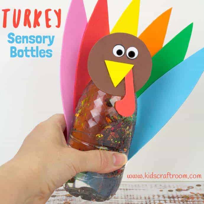 Thanksgiving Turkey Sensory Bottles are a lovely calming sensory play idea. They're lots of fun, simple to make and a great way to unwind this holiday. #sensoryplay #sensory #thanksgiving #thanksgivingcrafts #thanksgivingactivities #kidsactivities #play #playideas #sensorybottles #discoverybottles #toddlers #preschoolers #kidscraftroom