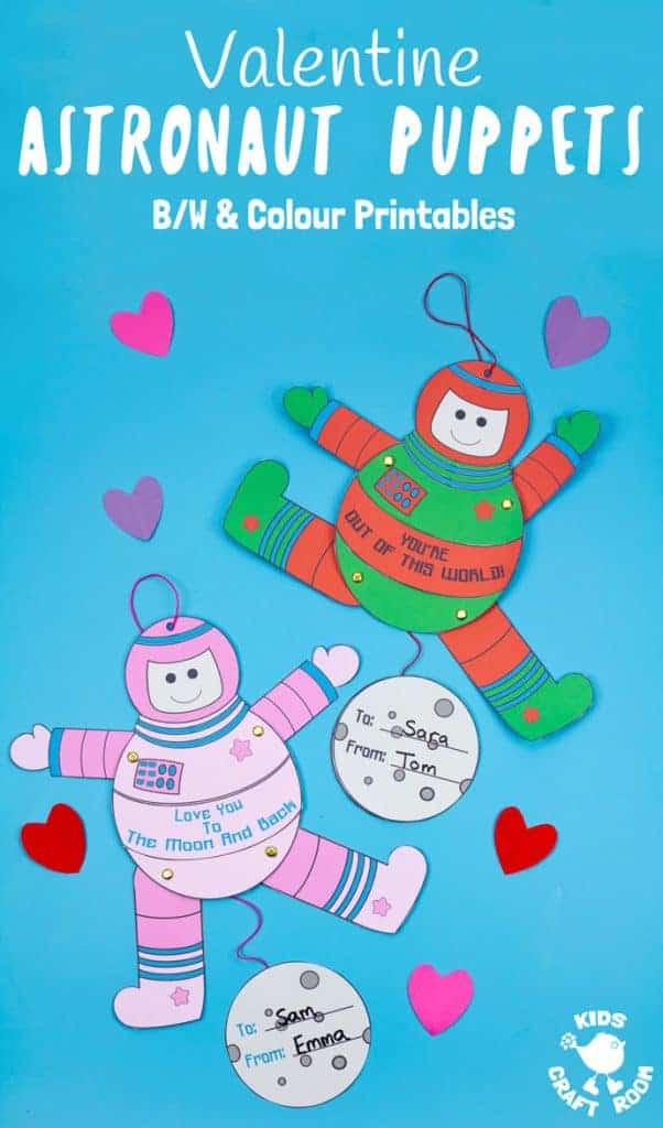 Kids will love this printable Astronaut Puppet Craft! Pull the moon and watch the spaceman craft move! This space craft is great to give as Valentine cards or Father's Day cards with space themed messages. (3 printable versions for you to choose from - black and white, pink and green) #kidscraftroom #kidscraftroom #valentinescards #valentinecrafts #spacecraftsforkids #spaceman #astronaut #puppets #papercrafts #printables #kidscrafts
