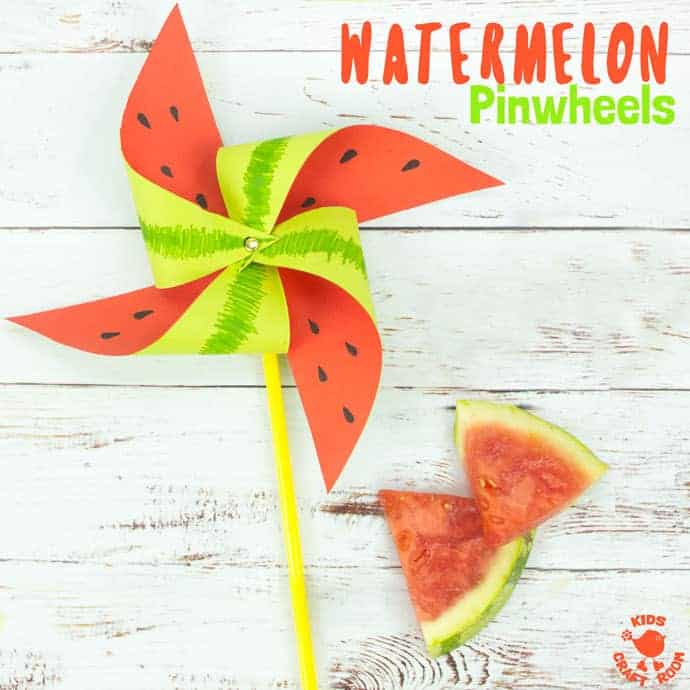 WATERMELON PINWHEELS - This colourful watermelon pinwheel craft is so quick and easy to make. They're great for kids to play with and make gorgeous Summer party decorations too. What a fun and fruity way to add a splash of colour! #pinwheels #windmills #watermelons #papercrafts #kidscrafts #craftsforkids #homemadetoys #summercrafts #kidsactivities #origami #kidscraftroom #watermelon #pinwheel