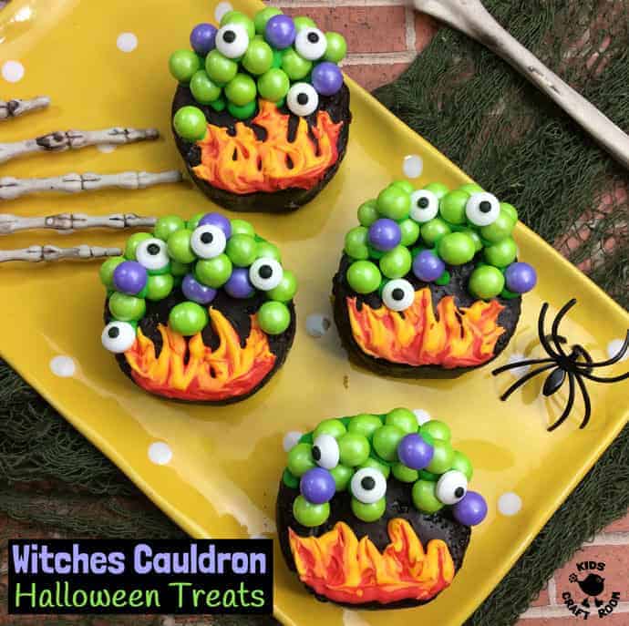 WITCHES CAULDRON HALLOWEEN TREATS will cast a delicious spell at your Halloween party! A tasty Halloween food and craft fusion everyone will like to make, eat and share. Cauldrons filled with bubbling witches potion and topped up with eyes of frog are fun spooky treats that will bewitch the whole family!