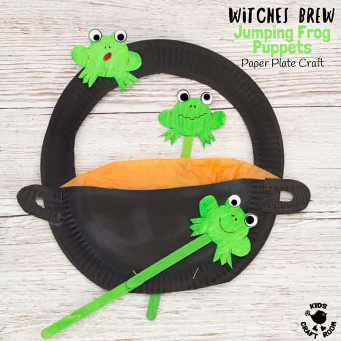 FROG PUPPETS IN A WITCH'S BREW PAPER PLATE CRAFT - a fantastic kids craft to encourage imaginative play and story telling. Play with this puppet craft and help the frogs escape from the Wicked Witch's potion! A fun Halloween craft or for Harry Potter fans all year round. (free printable template)