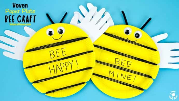 This Woven Paper Plate Bee Craft has cute handprint wings making it a gorgeous keepsake and because it's woven it's a great insect craft to build fine motor skills too. Its wide yellow stripes leave plenty of room to write personalised messages like "BEE MINE" for Valentine's Day or "BEE HAPPY" for a birthday! Such fun! #bee #beecrafts #paperplatecrafts #handprintcrafts #valentinesdaycrafts #valentinesforkids #valentinecrafts #insectcrafts #finemotorskills #kidscrafts101