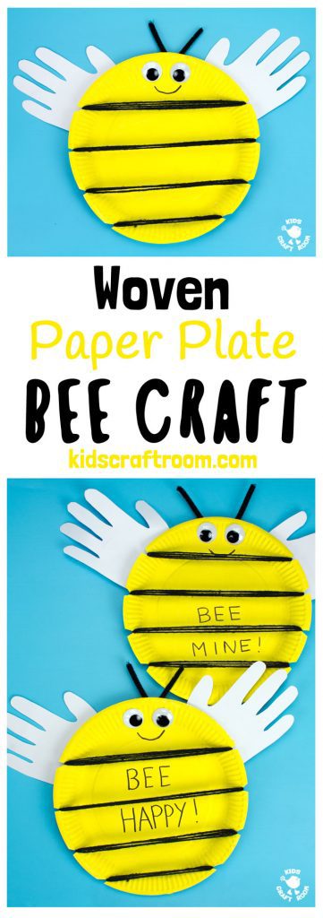 This Woven Paper Plate Bee Craft has cute handprint wings making it a gorgeous keepsake and because it's woven it's a great insect craft to build fine motor skills too. Its wide yellow stripes leave plenty of room to write personalised messages like "BEE MINE" for Valentine's Day or "BEE HAPPY" for a birthday! Such fun! #bee #beecrafts #paperplatecrafts #handprintcrafts #valentinesdaycrafts #valentinesforkids #valentinecrafts #insectcrafts #finemotorskills #kidscrafts101