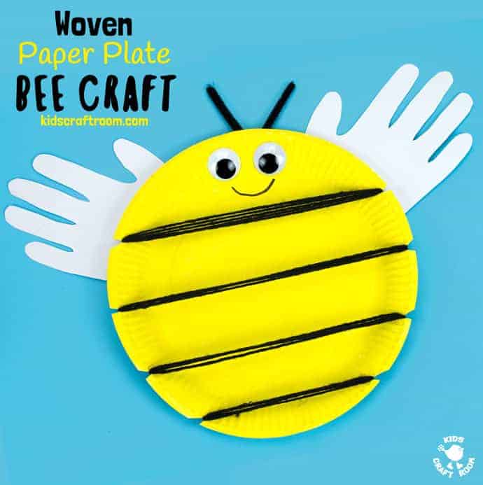 This Woven Paper Plate Bee Craft has cute handprint wings making it a gorgeous keepsake and because it's woven it's a great insect craft to build fine motor skills too. Its wide yellow stripes leave plenty of room to write personalised messages like "BEE MINE" for Valentine's Day or "BEE HAPPY" for a birthday! Such fun! #bee #beecrafts #paperplatecrafts #handprintcrafts #valentinesdaycrafts #valentinesforkids #valentinecrafts #insectcrafts #finemotorskills #kidscrafts101