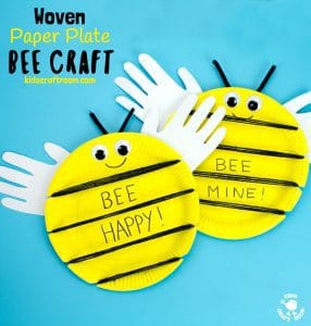 This Woven Paper Plate Bee Craft has cute handprint wings making it a gorgeous keepsake and because it's woven it's a great insect craft to build fine motor skills too. Its wide yellow stripes leave plenty of room to write personalised messages like "BEE MINE" for Valentine's Day or "BEE HAPPY" for a birthday! Such fun! #bee #beecrafts #paperplatecrafts #handprintcrafts #valentinesdaycrafts #valentinesforkids #valentinecrafts #insectcrafts #finemotorskills #kidscrafts101