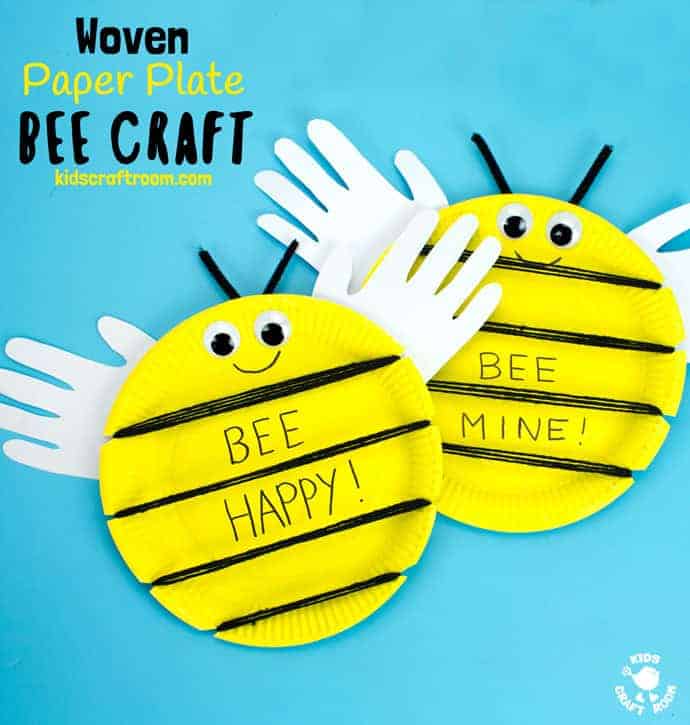 This Woven Paper Plate Bee Craft has cute handprint wings making it a gorgeous keepsake and because it's woven it's a great insect craft to build fine motor skills too. Its wide yellow stripes leave plenty of room to write personalised messages like "BEE MINE" for Valentine's Day or "BEE HAPPY" for a birthday! Such fun! #bee #beecrafts #paperplatecrafts #handprintcrafts #valentinesdaycrafts #valentinesforkids #valentinecrafts #insectcrafts #finemotorskills #kidscrafts101