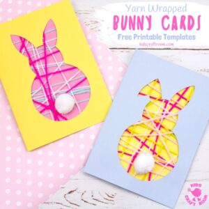 These pretty Yarn Wrapped Easter Bunny Cards are super cute and very easy to make. They're great fun as an Easter craft for kids that lets them practise their fine motor skills too. This easy Easter Bunny craft is adorable as wall decorations super cute Bunny Easter Cards to share with friends. (Free printable templates included) #kidscraftroom #easter #eastercrafts #eastercraftsforkids #easterbunny #eastercards #bunny #printablesforkids #freeprintables #kidscrafts #springcrafts