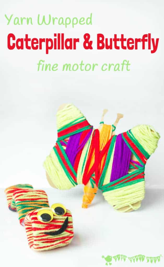 This yarn wrapped caterpillar and butterfly craft is perfect for following up a real life nature hunt. A simple preschool craft that builds fine motor skills and supports learning.