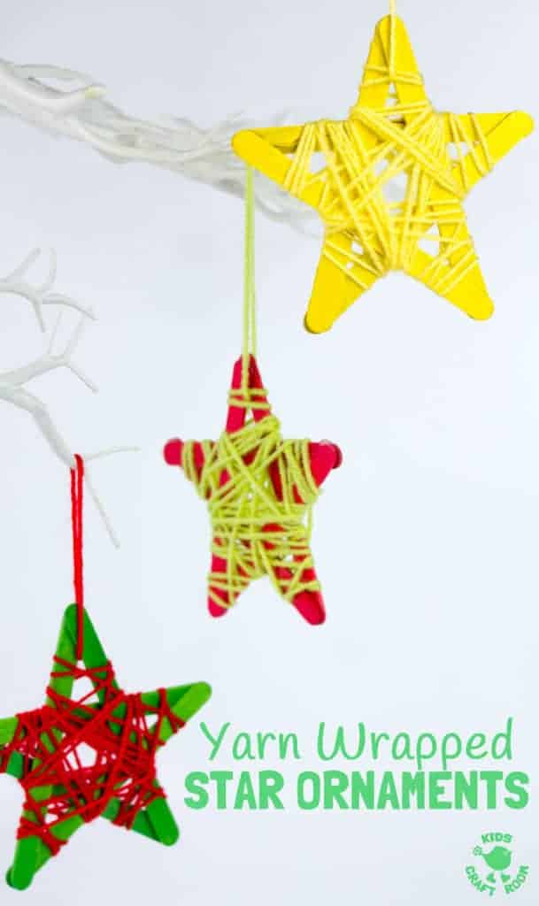 YARN WRAPPED STAR ORNAMENTS are a fun popsicle stick craft to build fine motor skills. They look great hanging on the Christmas tree, as a bedroom mobile or for a Space themed study topic.
