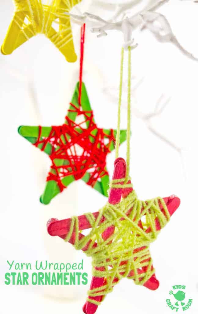 YARN WRAPPED STAR ORNAMENTS are a fun popsicle stick craft to build fine motor skills. They look great hanging on the Christmas tree, as a bedroom mobile or for a Space themed study topic.