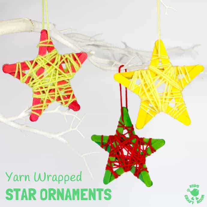 YARN WRAPPED STAR ORNAMENTS are a fun popsicle stick craft to build fine motor skills. They look great hanging on the Christmas tree, as a bedroom mobile or for a Space themed study topic.