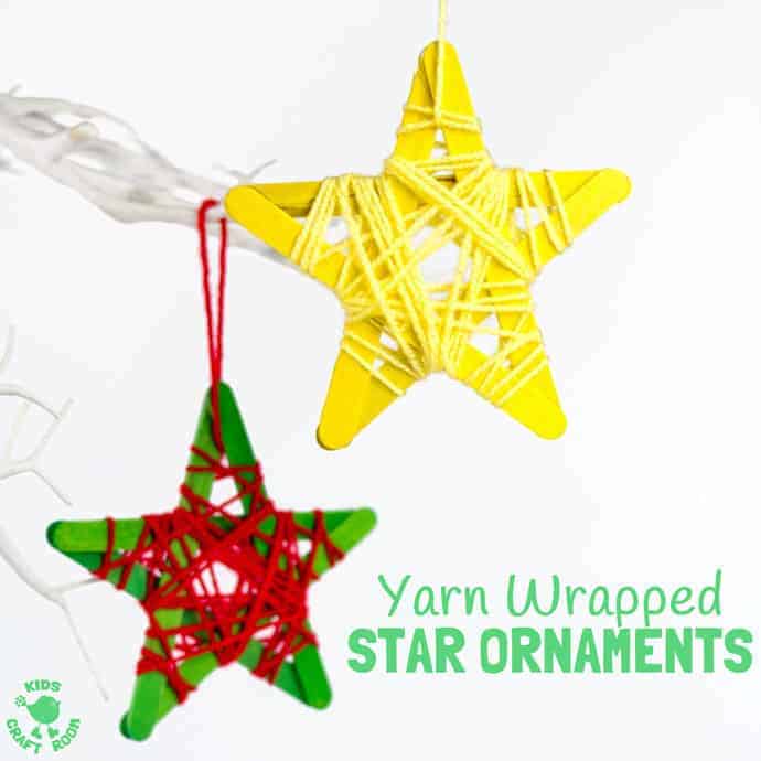 YARN WRAPPED STAR ORNAMENTS are a fun popsicle stick craft to build fine motor skills. They look great hanging on the Christmas tree, as a bedroom mobile or for a Space themed study topic.