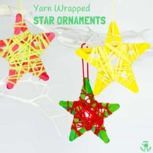 YARN WRAPPED STAR ORNAMENTS are a fun popsicle stick craft to build fine motor skills. They look great hanging on the Christmas tree, as a bedroom mobile or for a Space themed study topic.