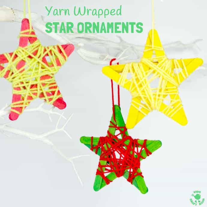 YARN WRAPPED STAR ORNAMENTS are a fun popsicle stick craft to build fine motor skills. They look great hanging on the Christmas tree, as a bedroom mobile or for a Space themed study topic.
